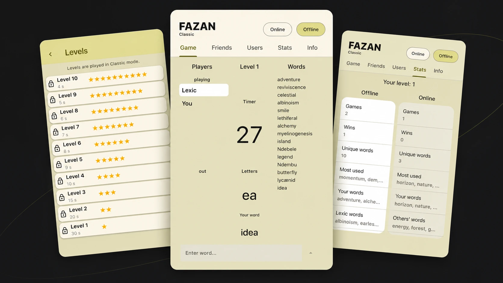 FAZAN app screens showing levels, live gameplay and player statistics