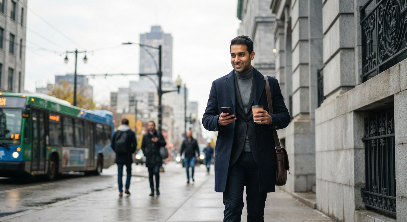 Man walking on a Montreal street with city life in the background