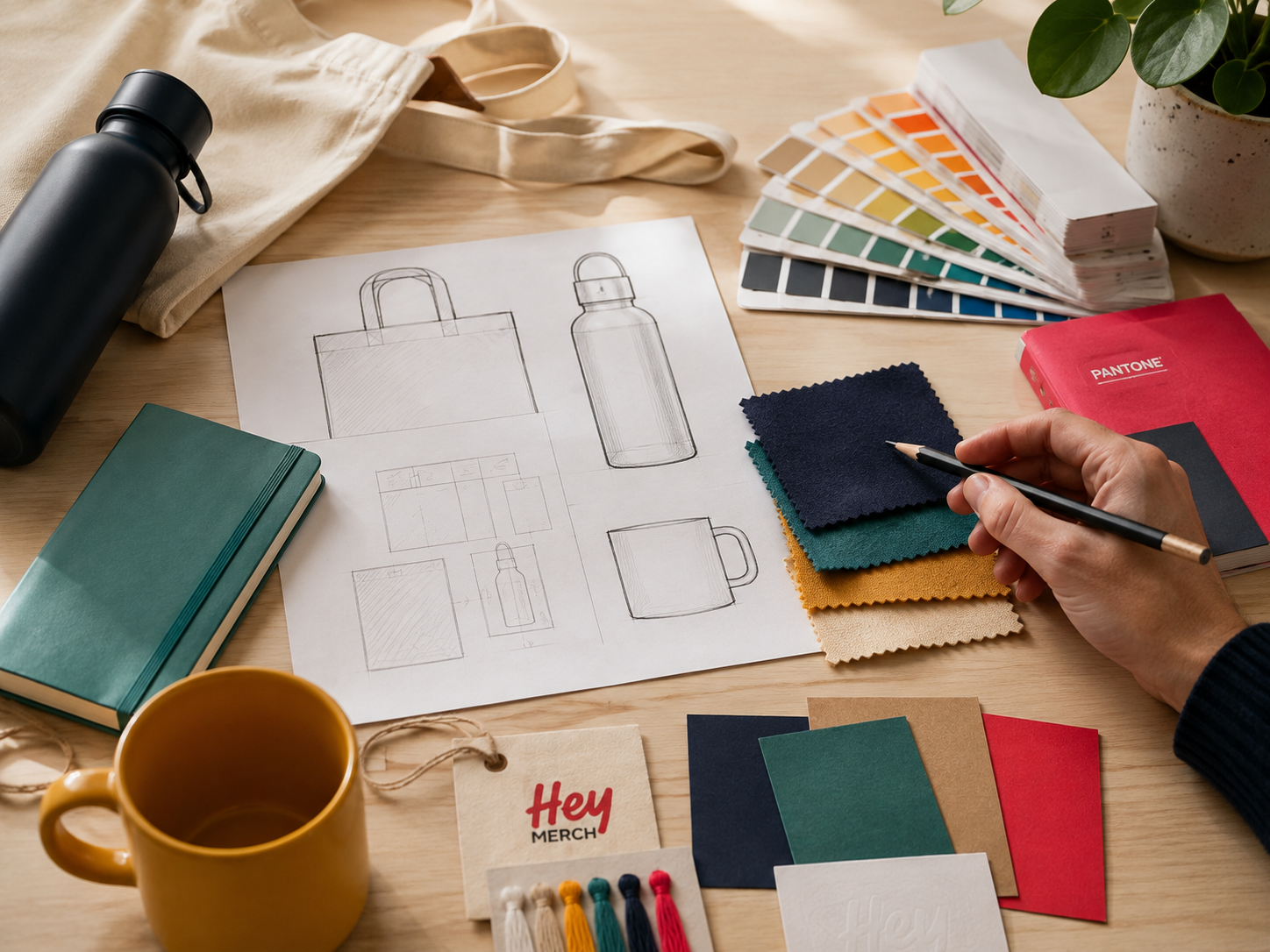 Product sketches, fabric swatches and a branded swing tag on a studio desk