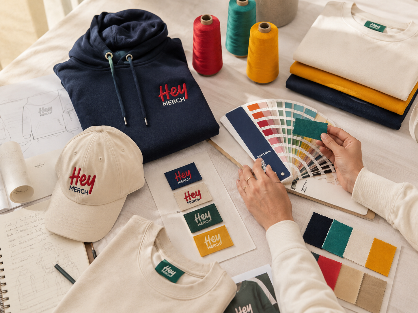 Branded Hey Merch hoodie, cap and apparel samples with Pantone swatches