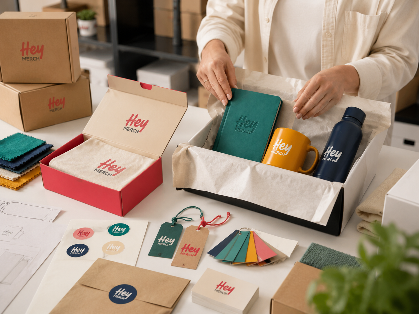 Branded welcome kit being packed with a notebook, mug and drink bottle