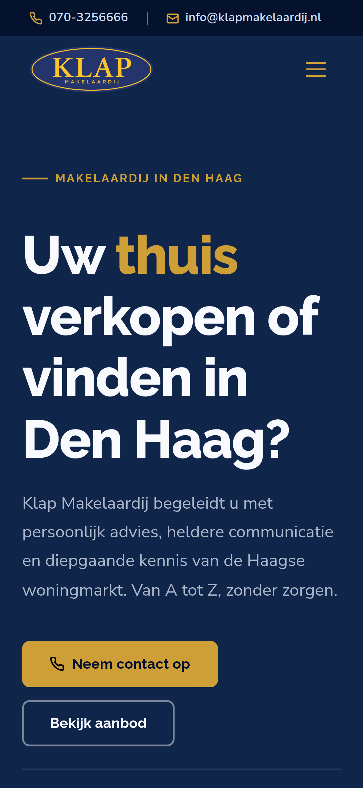 Homepage van de nieuwe website van Klap Makelaardij op mobiel, gemaakt door Socyall