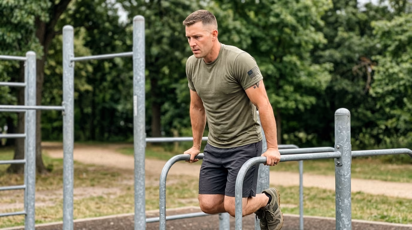 Man in green shirt and black shorts doing dips on outdoor parallel bars in a park.