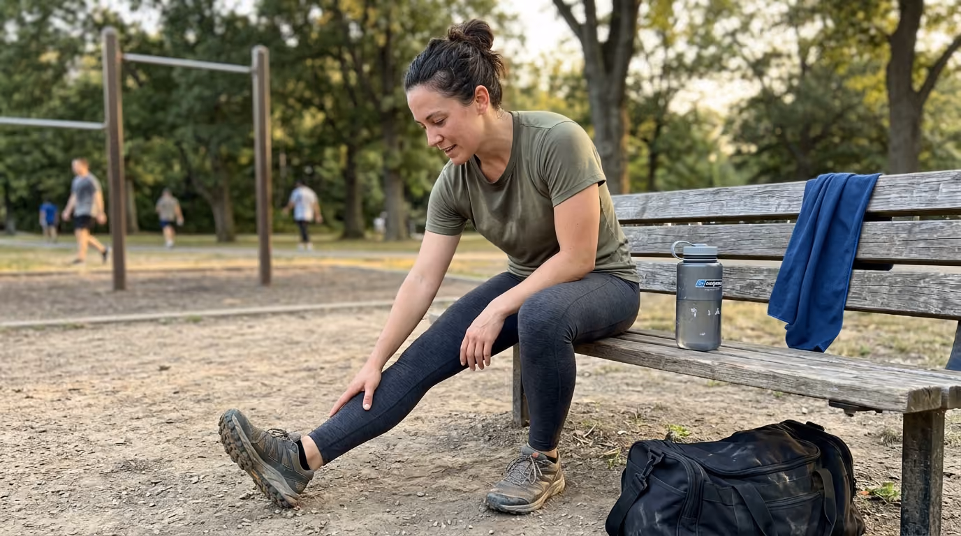 Woman sitting on a park bench stretching her leg after exercise, with water bottle and bag nearby.