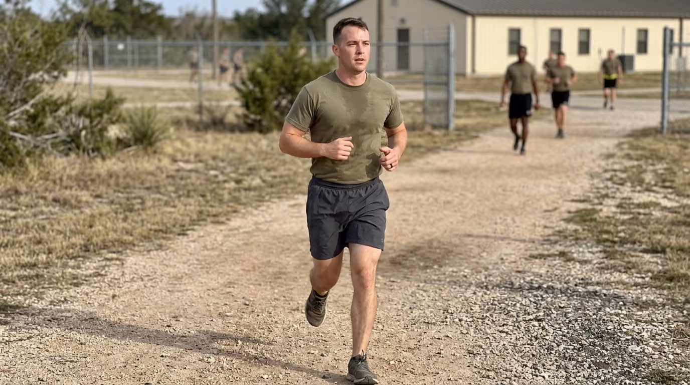 Man in an olive green shirt and black shorts jogging on a gravel path with other runners behind him.
