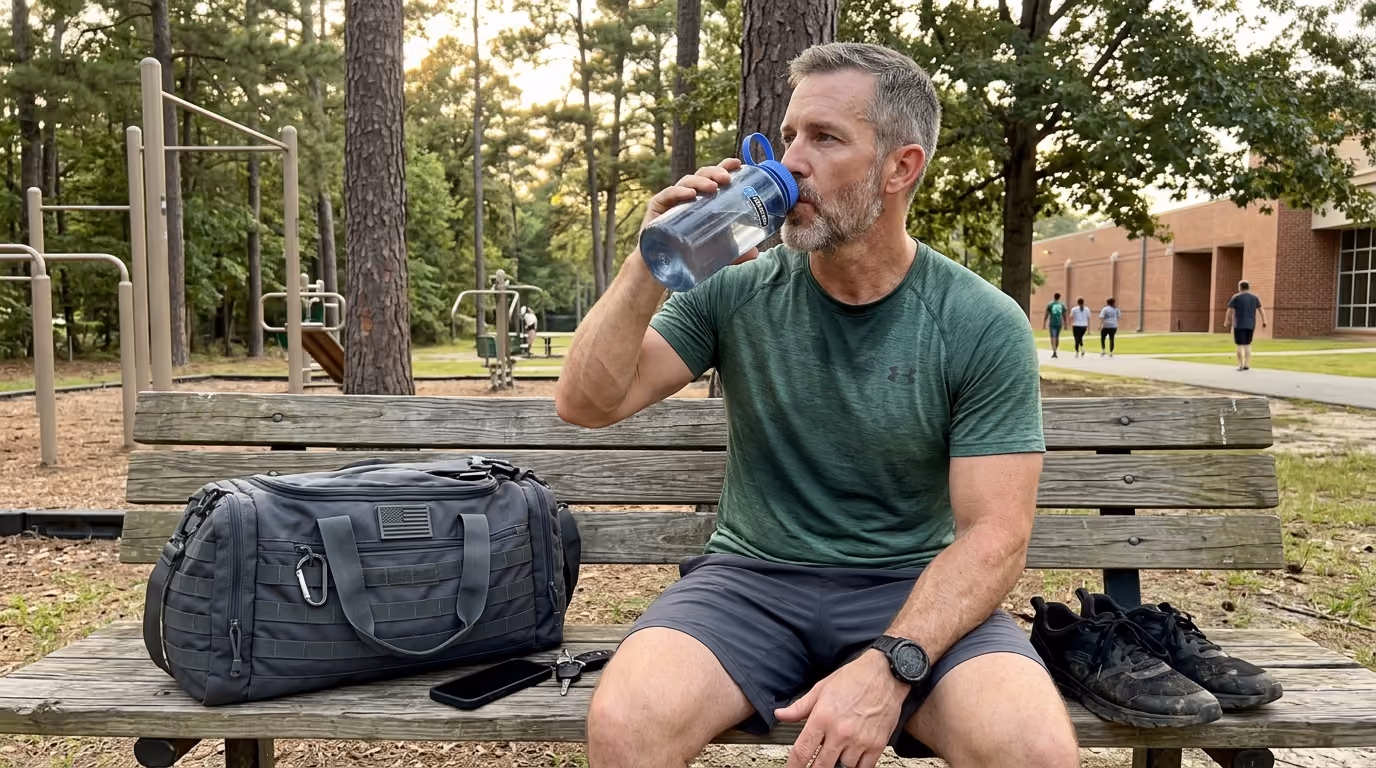 Man in green shirt sitting on park bench drinking from blue water bottle with gym bag and shoes beside him.