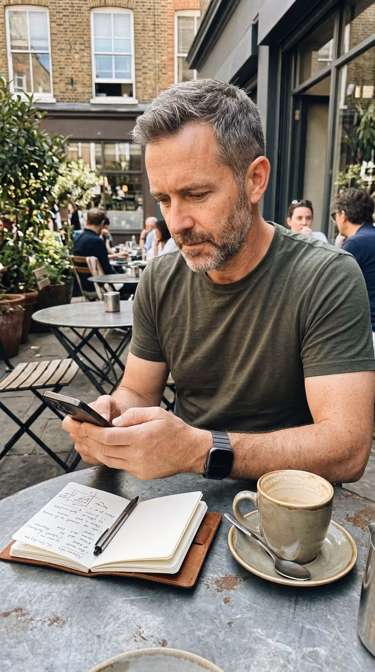 Man sitting at outdoor café table, looking at his phone with a notebook and coffee in front of him.