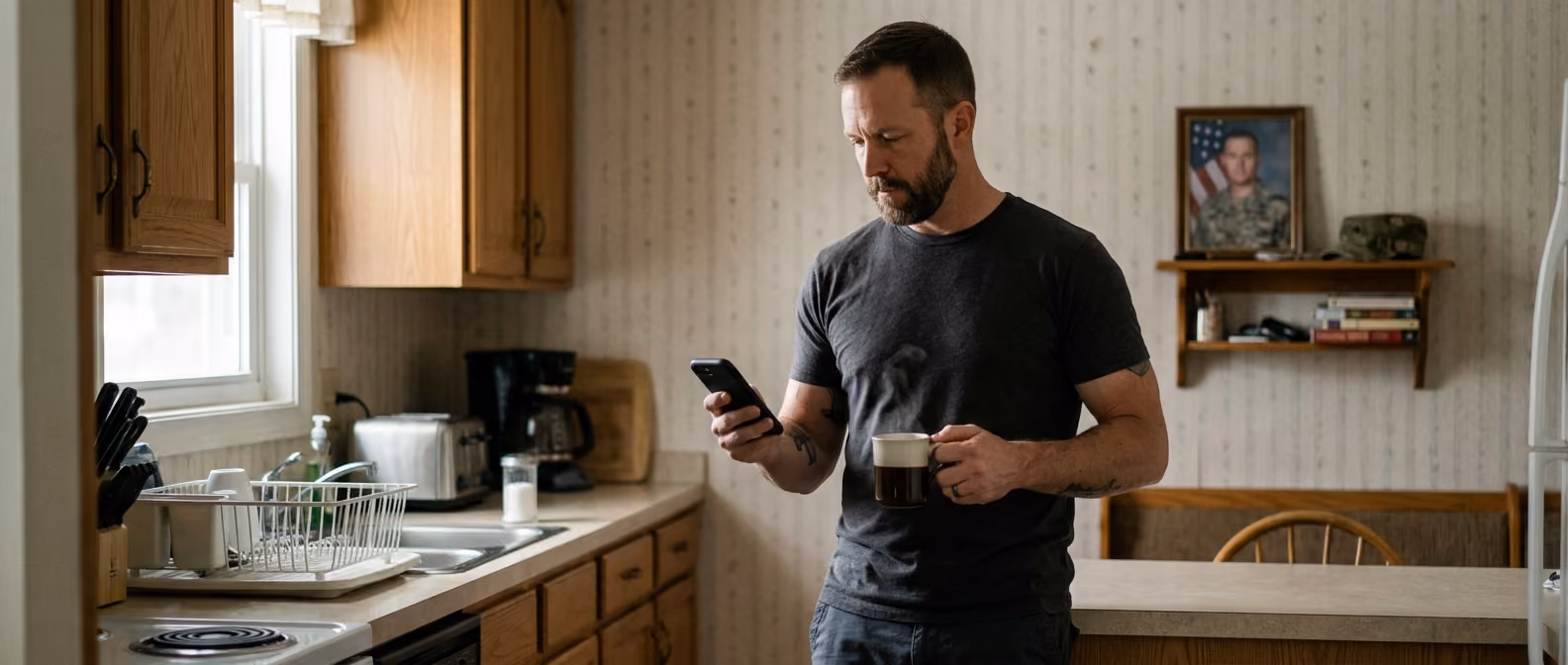 Man in dark T-shirt holding a coffee mug and looking at his phone in a kitchen with wood cabinets.