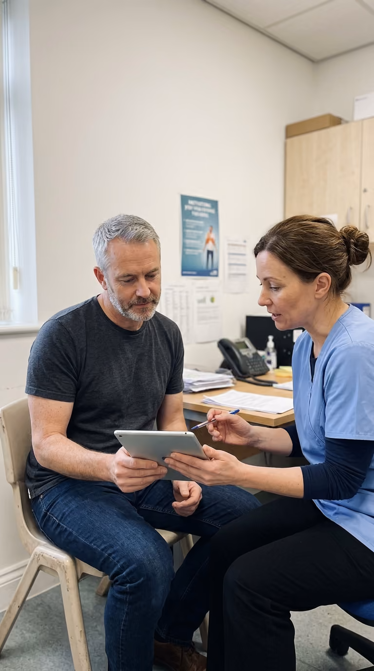 A healthcare professional in blue scrubs shows information on a tablet to a man in a black shirt.