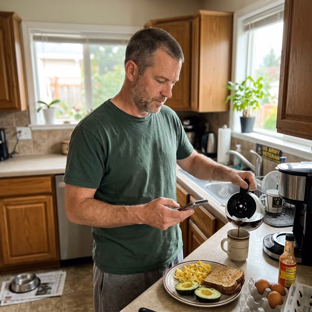 Man in green shirt pouring coffee into mug while holding phone, breakfast with eggs and avocado on counter.