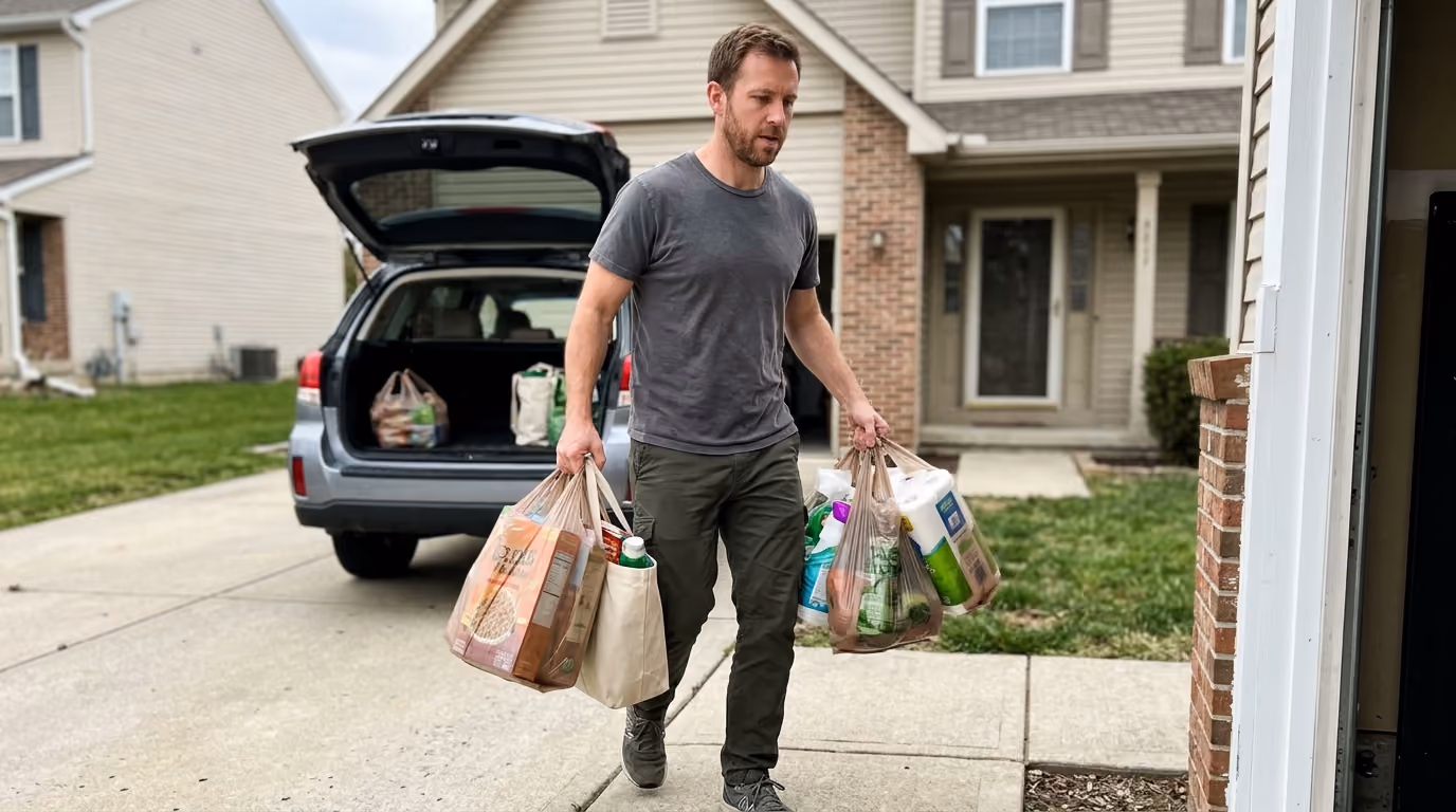 Man carrying grocery bags from a car into a house driveway.