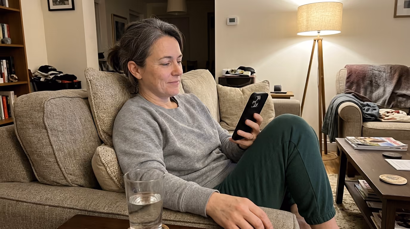 Woman sitting on a beige couch looking at her smartphone with a glass of water on the armrest.