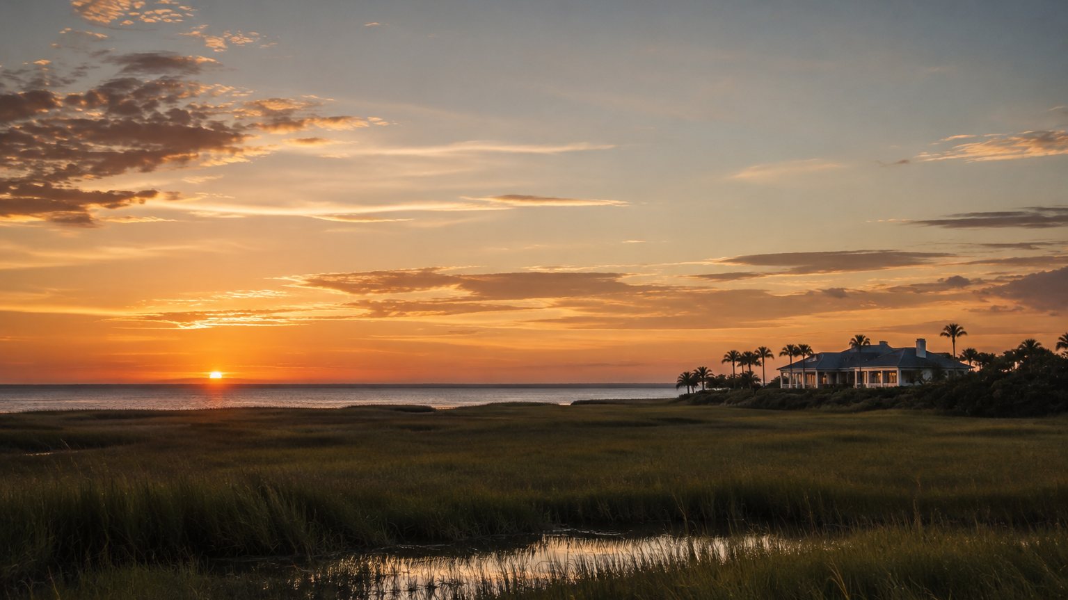 Wide Florida coastal marsh at dusk with a distant home on the horizon