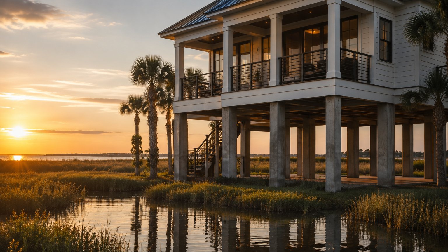 Coastal Florida home elevated on concrete pilings above marsh grass
