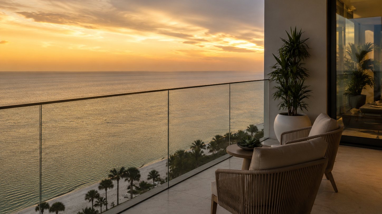 Gulf-facing condominium balcony with glass railing at sunset