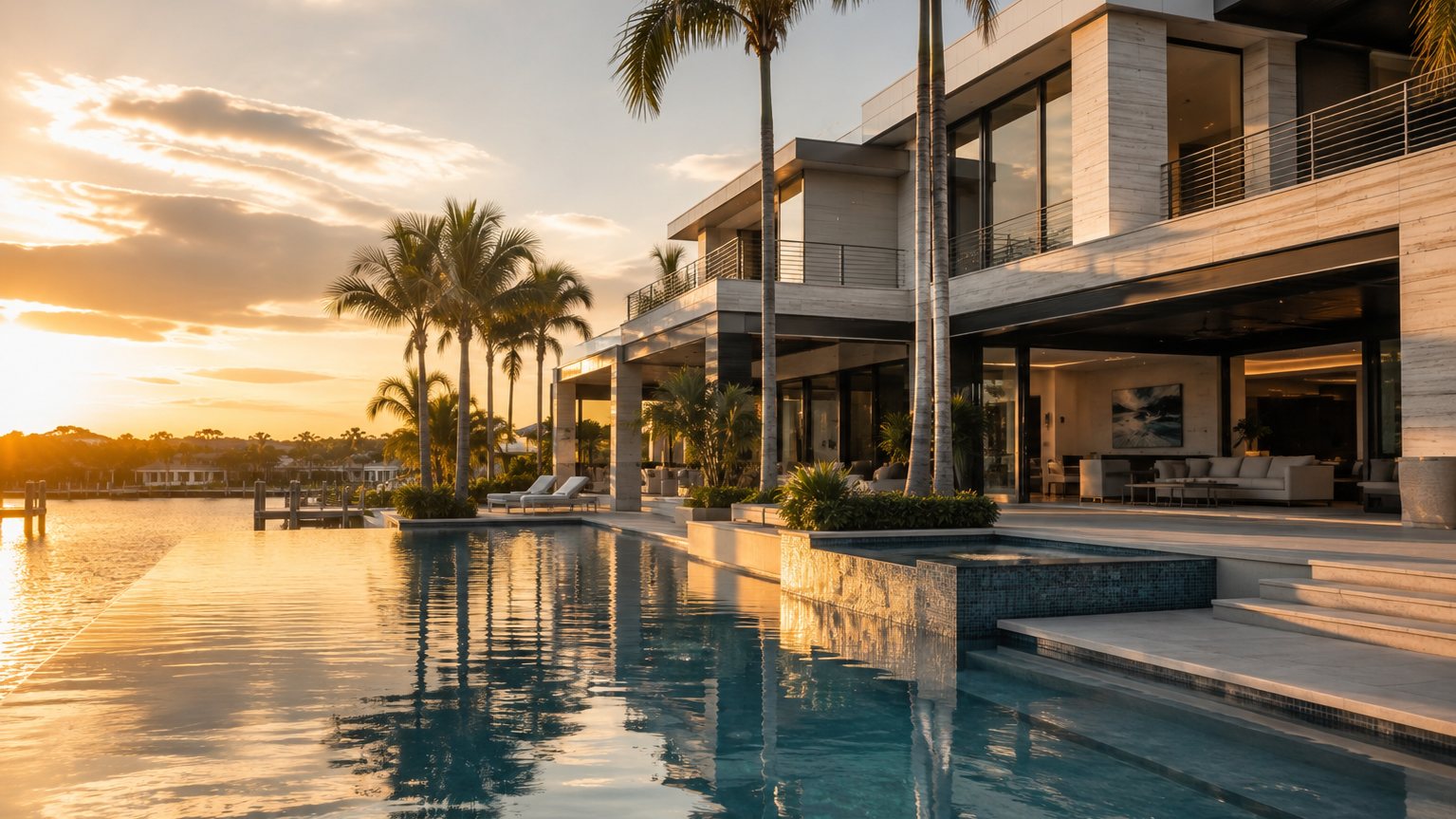 Contemporary Florida estate with infinity pool at golden hour