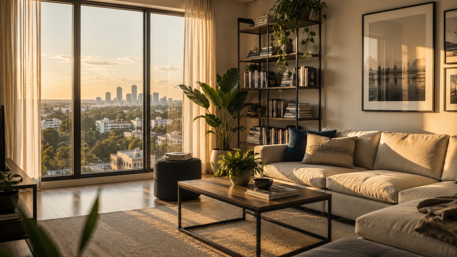 Bright furnished apartment living room with large window and afternoon light