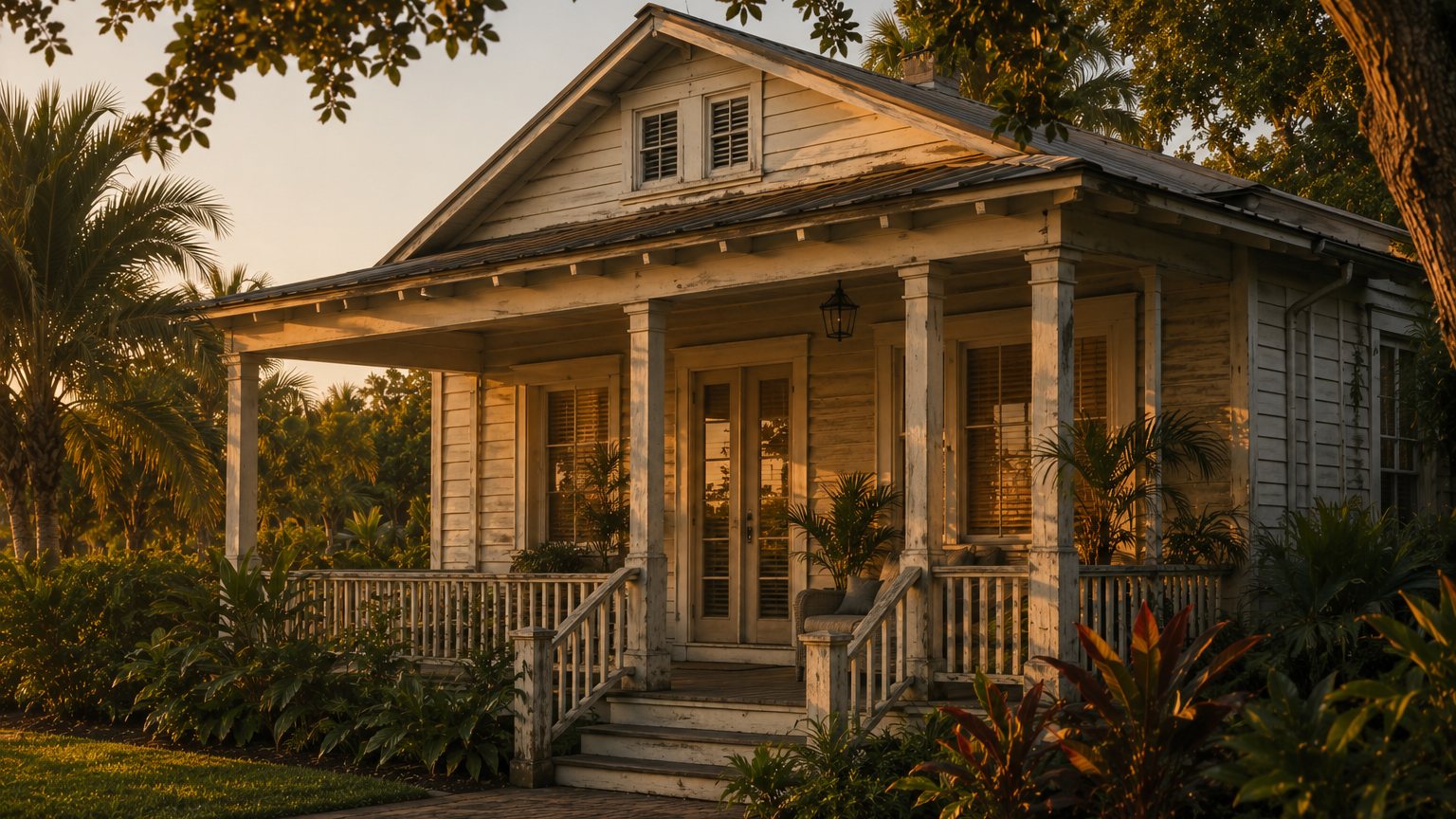 Older Florida cottage with a deep porch in warm evening light
