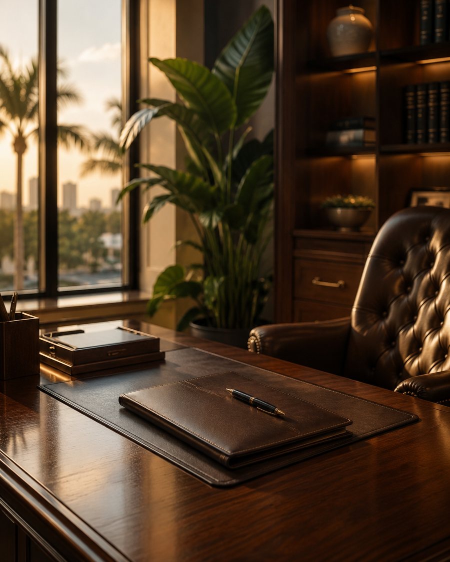 Professional office desk with leather portfolio and pen at golden hour
