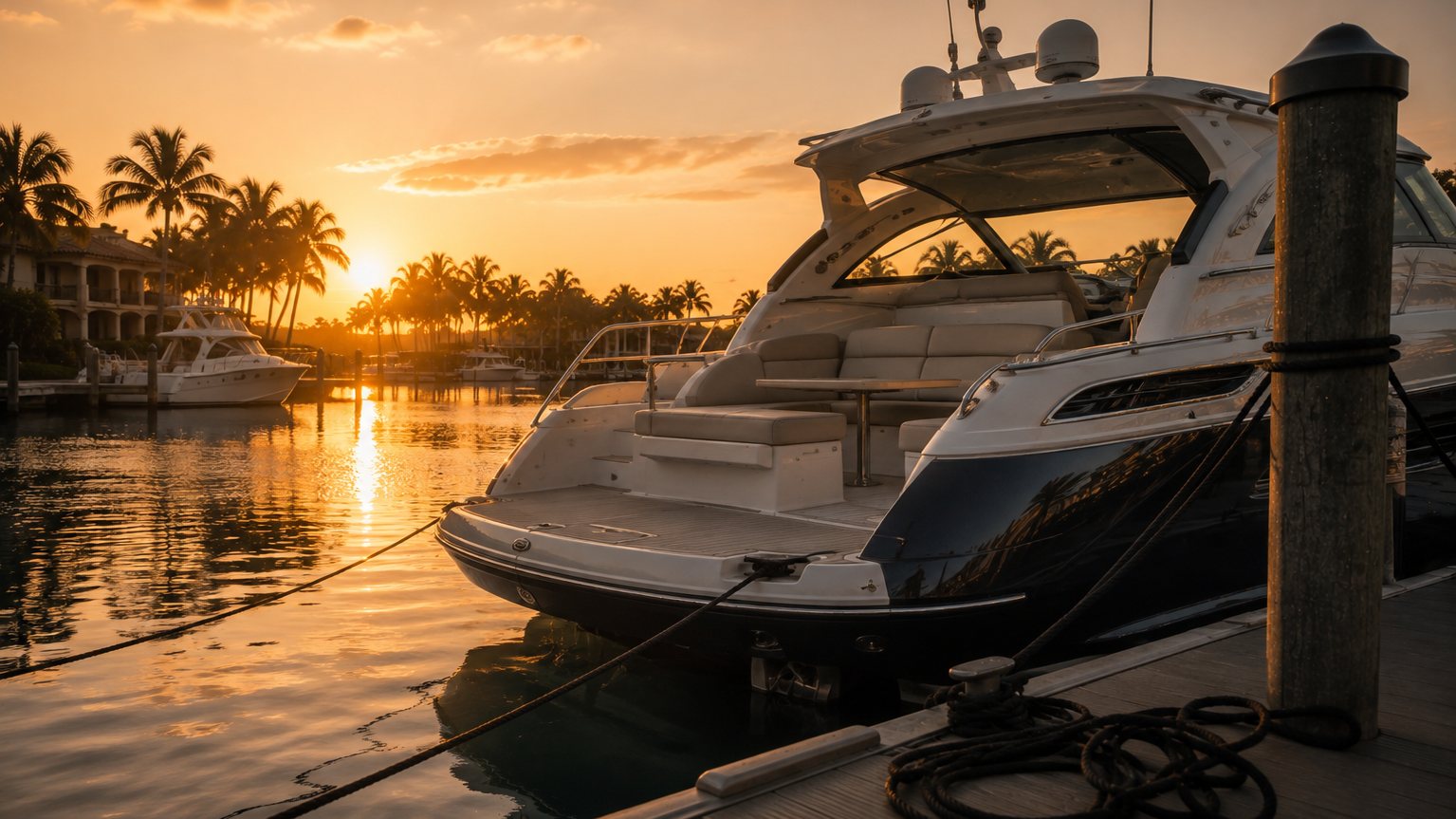 Motor yacht moored at a Florida marina at sunset