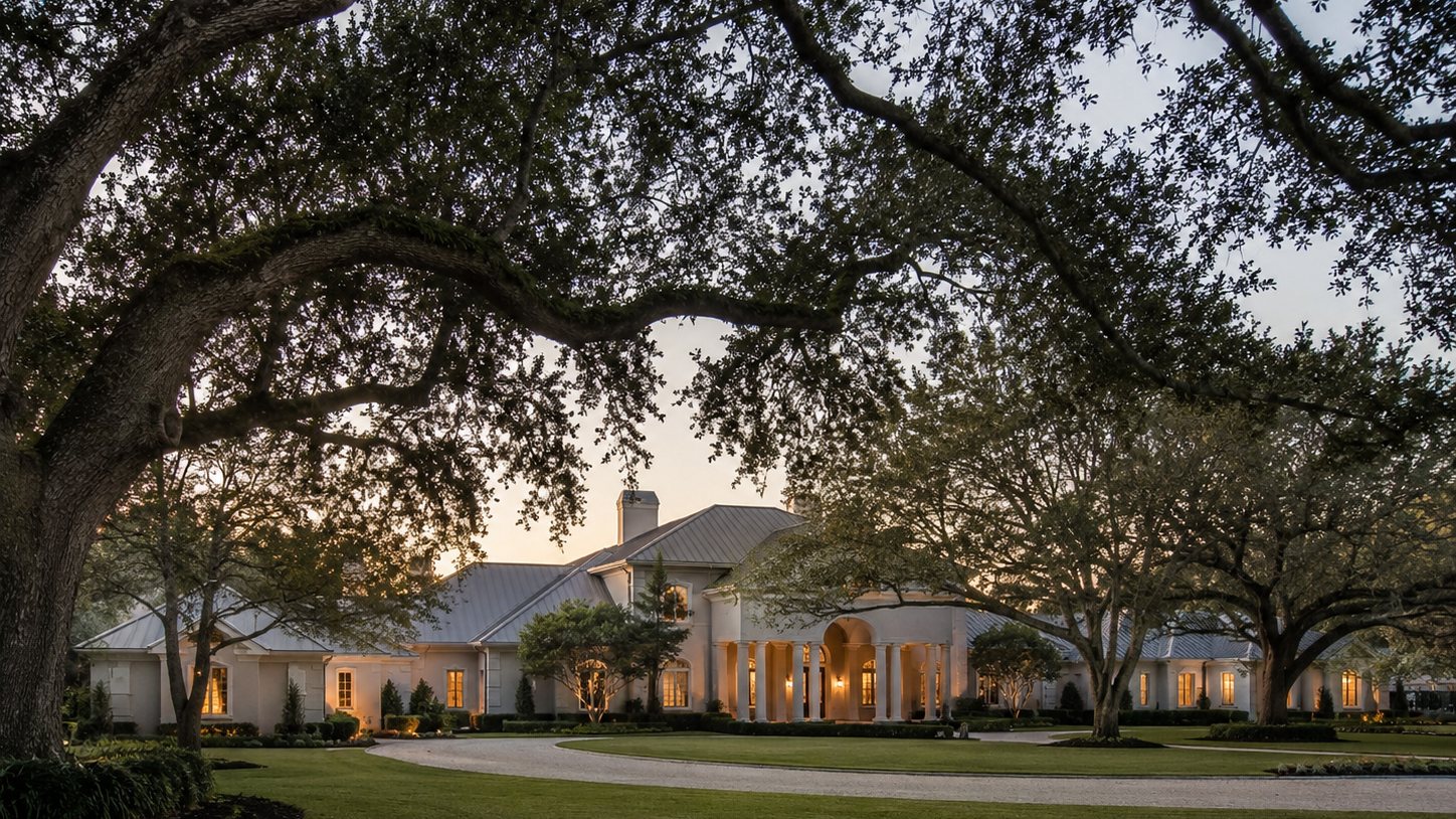 Florida estate framed by a canopy of live oaks at dusk
