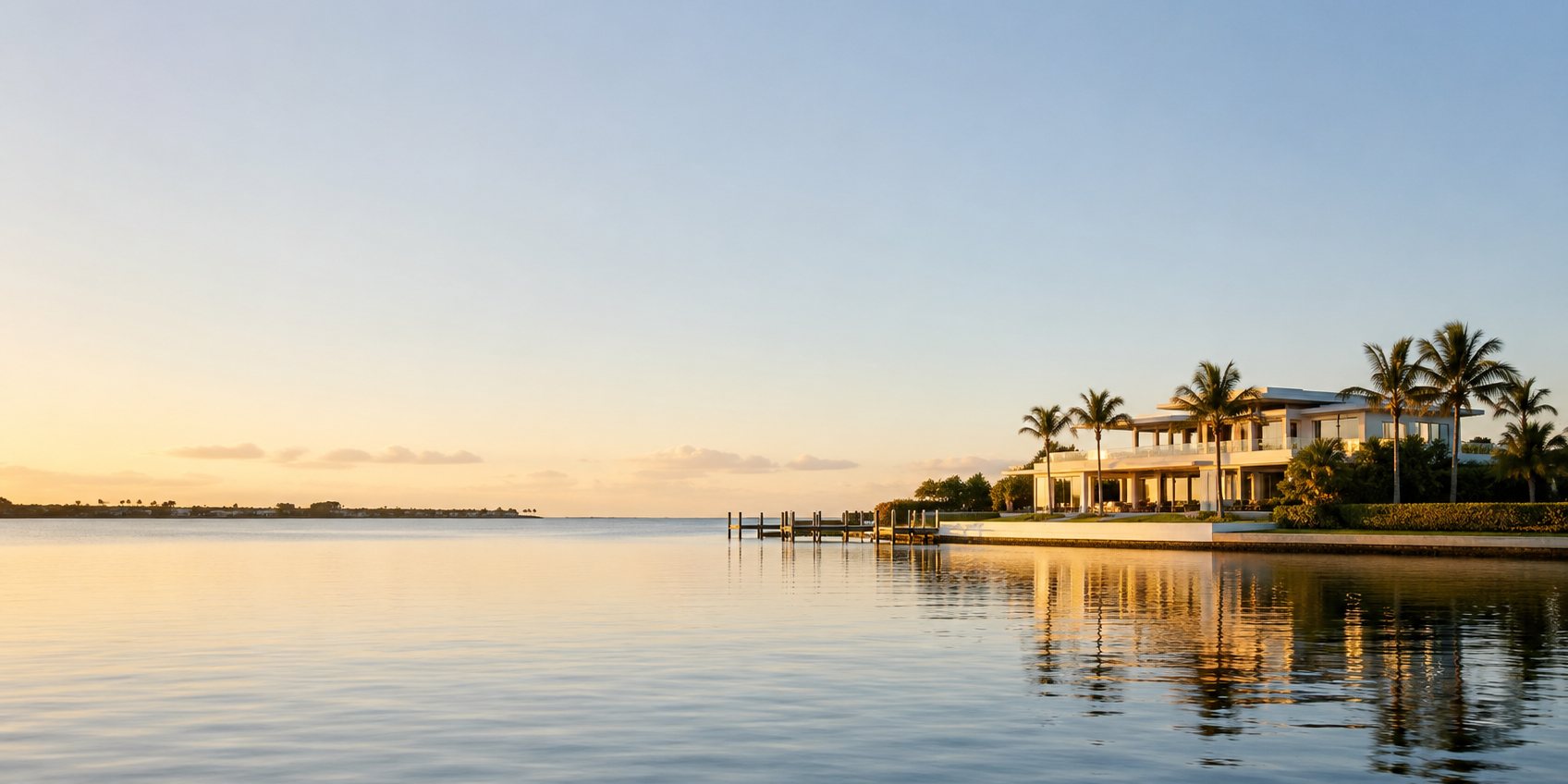 Waterfront Florida home at golden hour seen across calm water