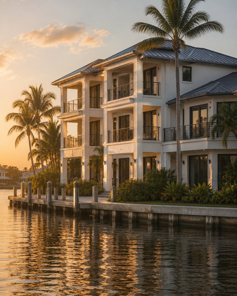 Florida waterfront residential building with dock at sunset