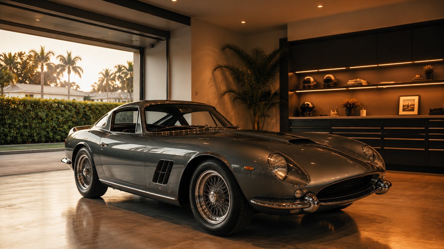 Classic collector car in a private garage under warm light