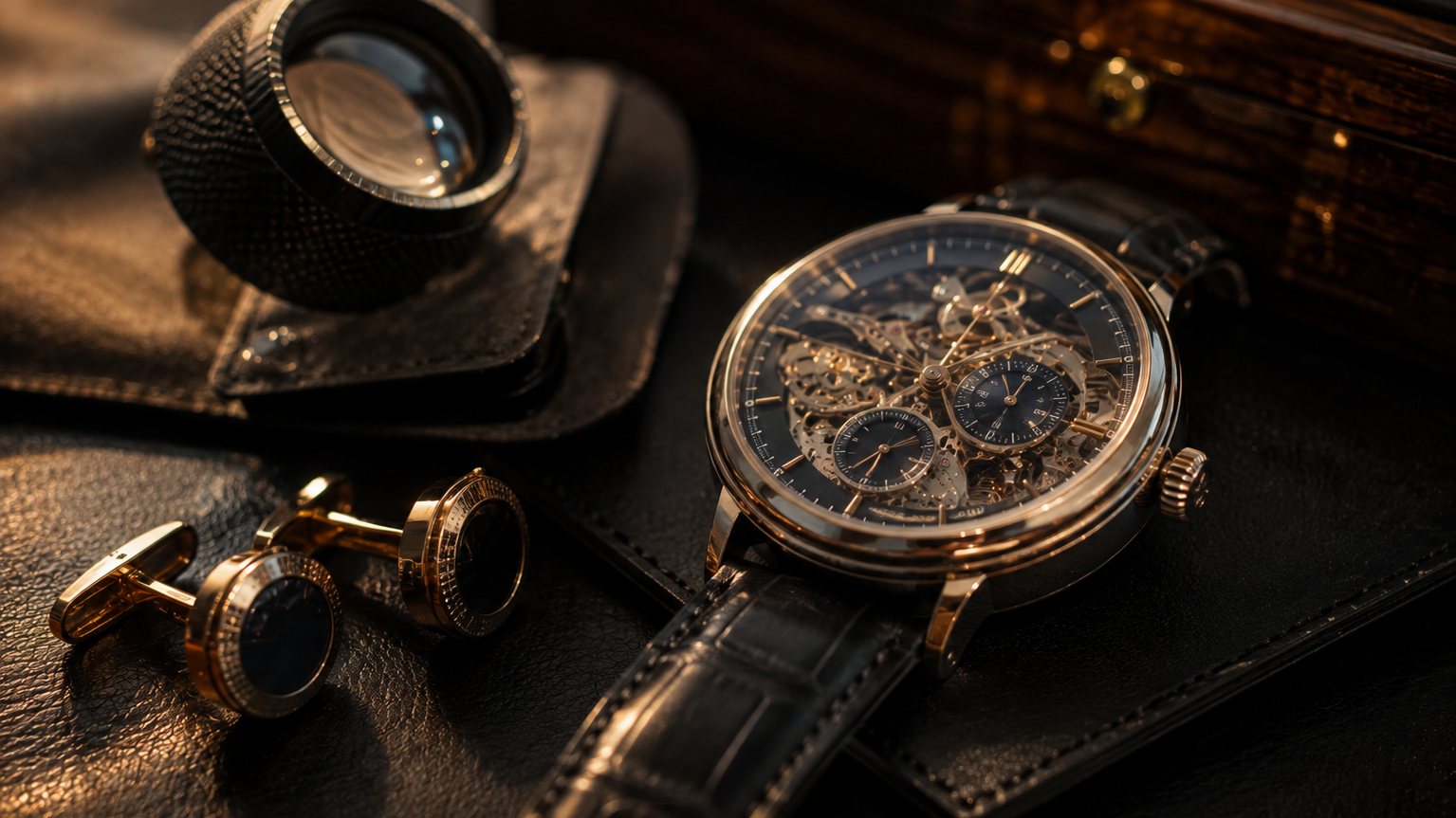 Mechanical wristwatch, cufflinks, and a jeweler's loupe on dark leather