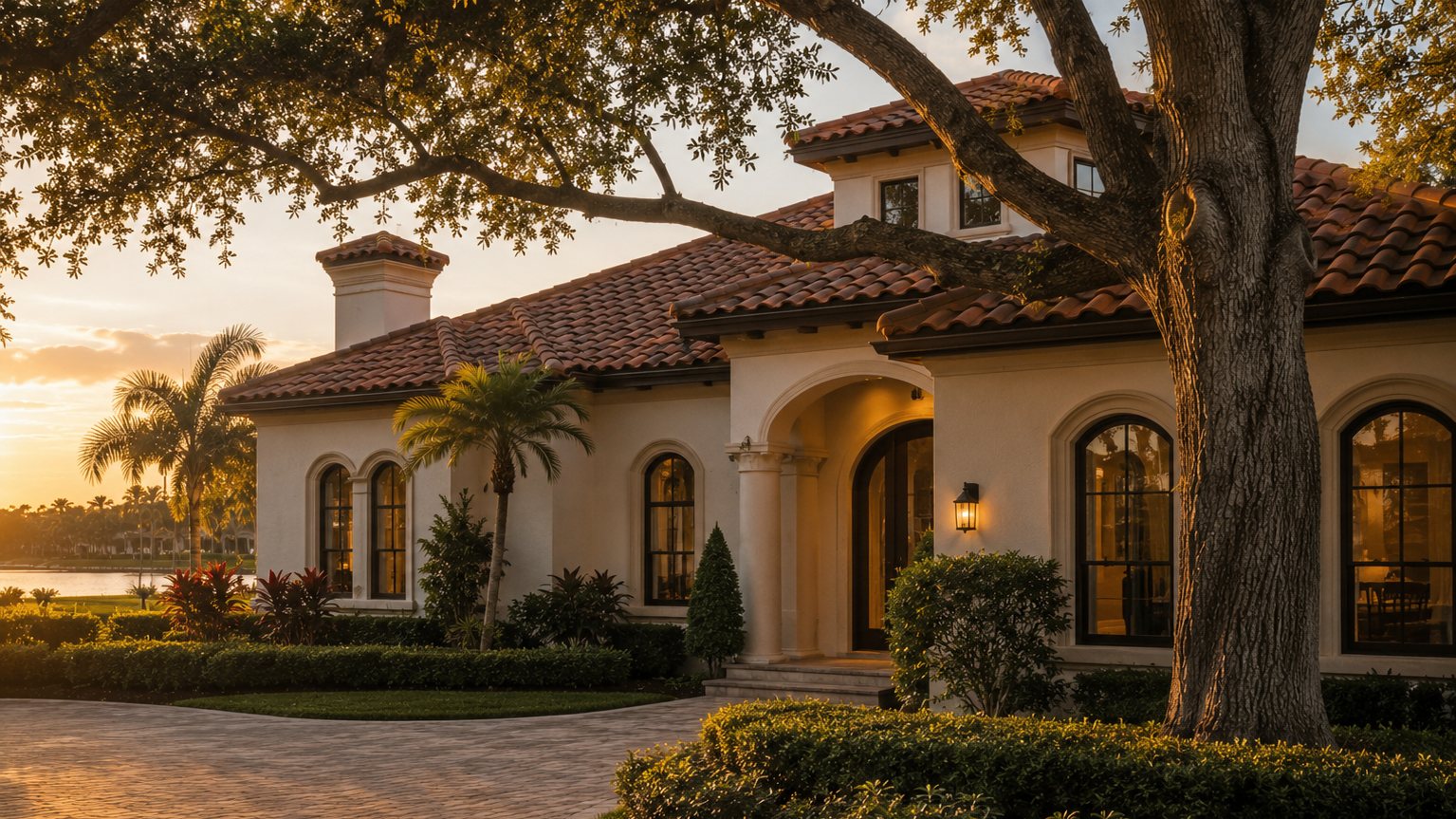 Florida tile-roof home framed by a live oak at golden hour
