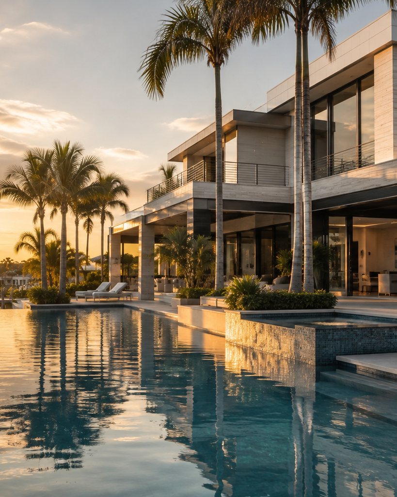 High-value Florida home with tile roof and mature oak at dusk