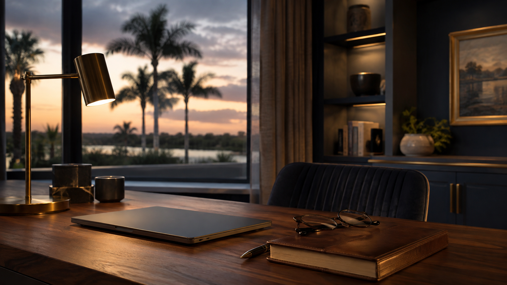 Home office desk at dusk with a laptop and reading lamp