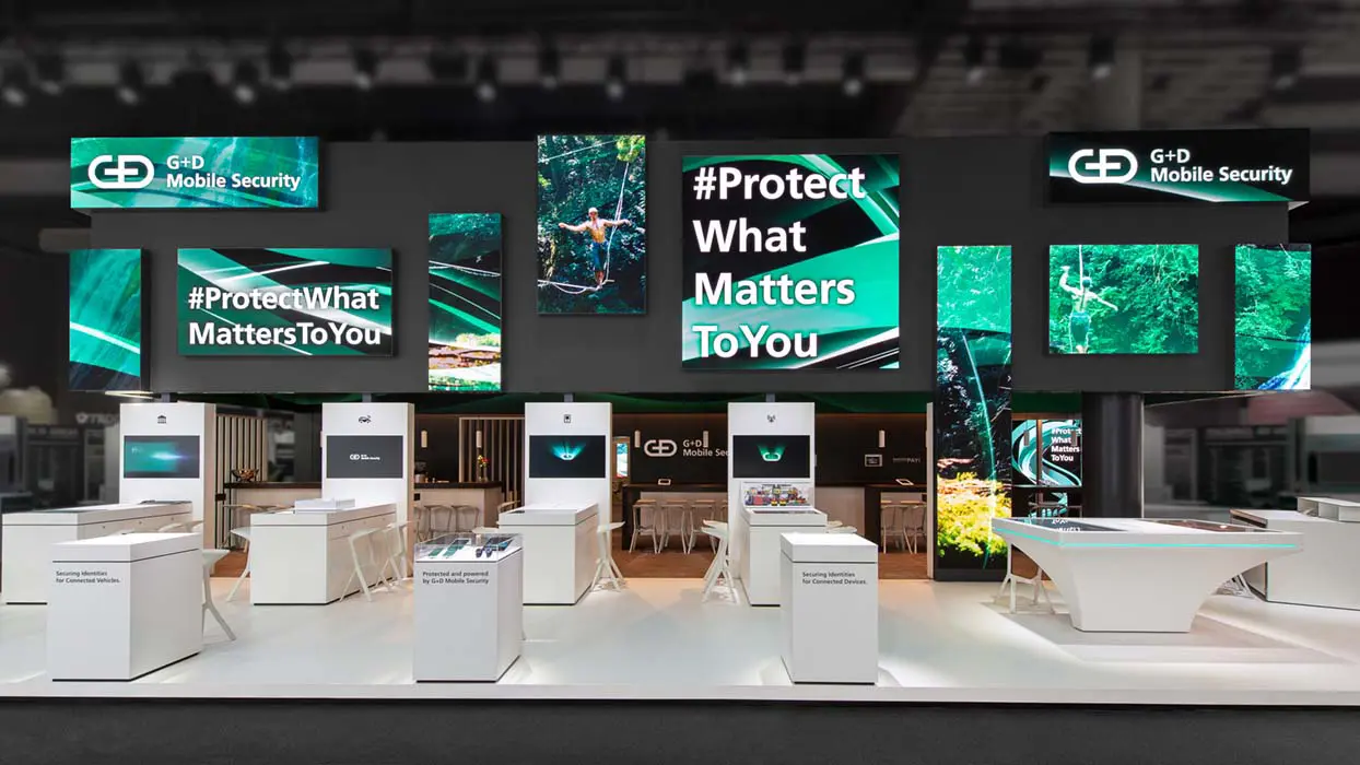 Frontansicht des Messestands von G+D Mobile Security auf dem MWC 2019, Ansicht 4
