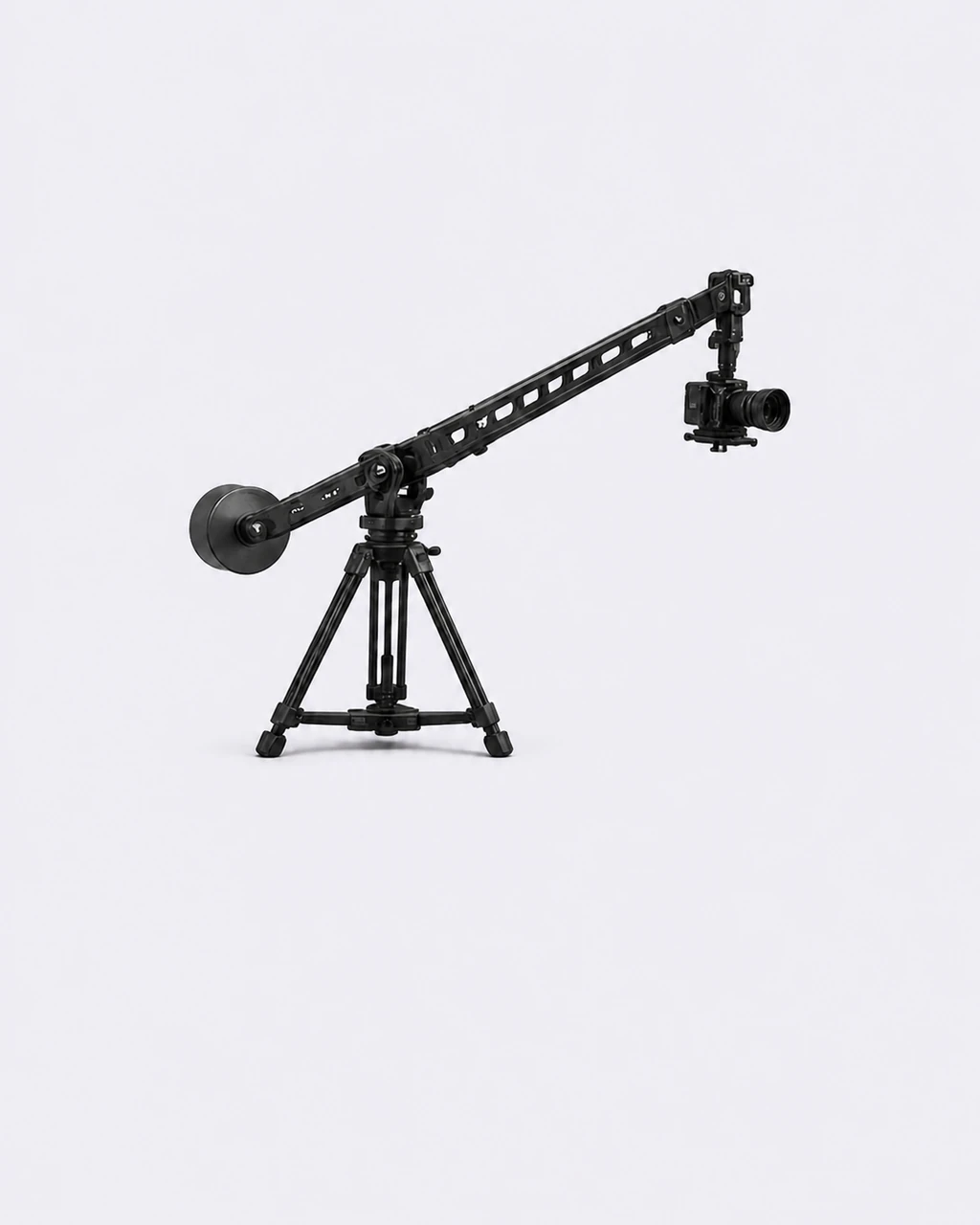 Black camera crane with camera and counterweight