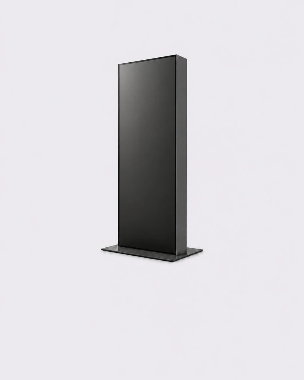 Slim portrait display totem with a flat metal base plate