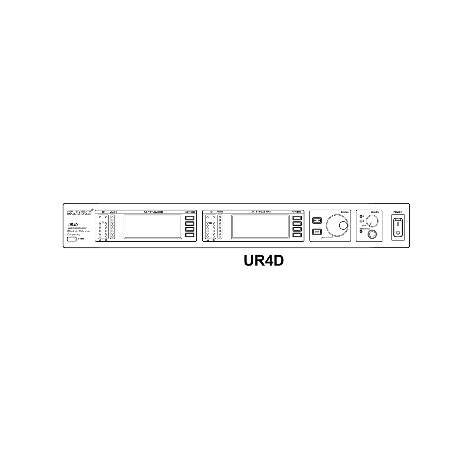 Technische Vorderansicht des Shure UR4D Funkempfängers mit Displays und Bedienelementen.