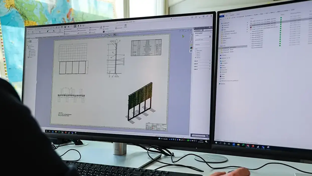 CAD drawing of a display structure at a workstation with two monitors.