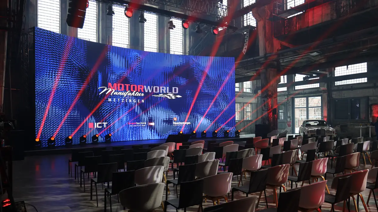 Kinetic LED installation on Grand Media Stage at Motorworld Metzingen, view 6