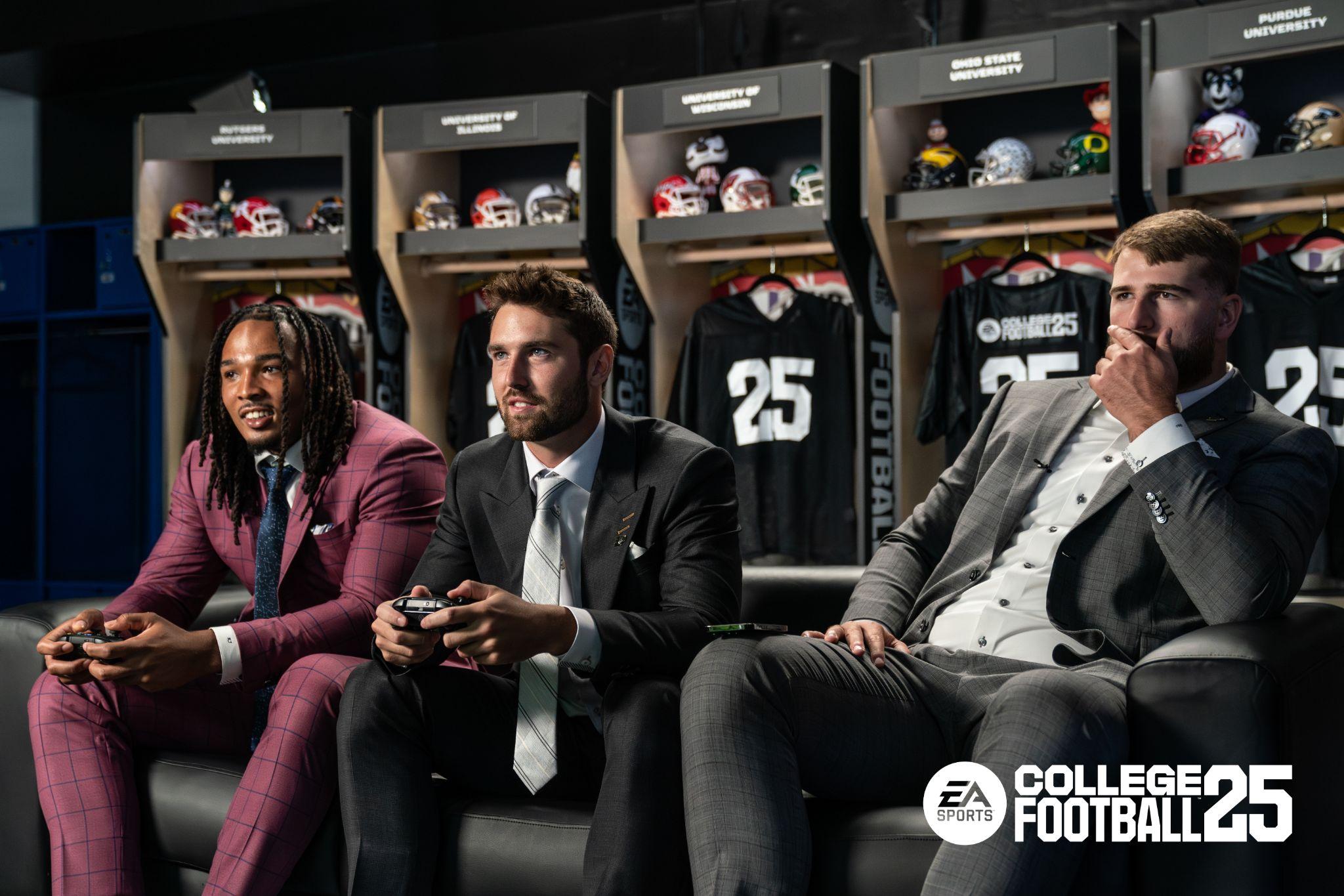 College football players playing College Football 25 on a couch in the locker room set