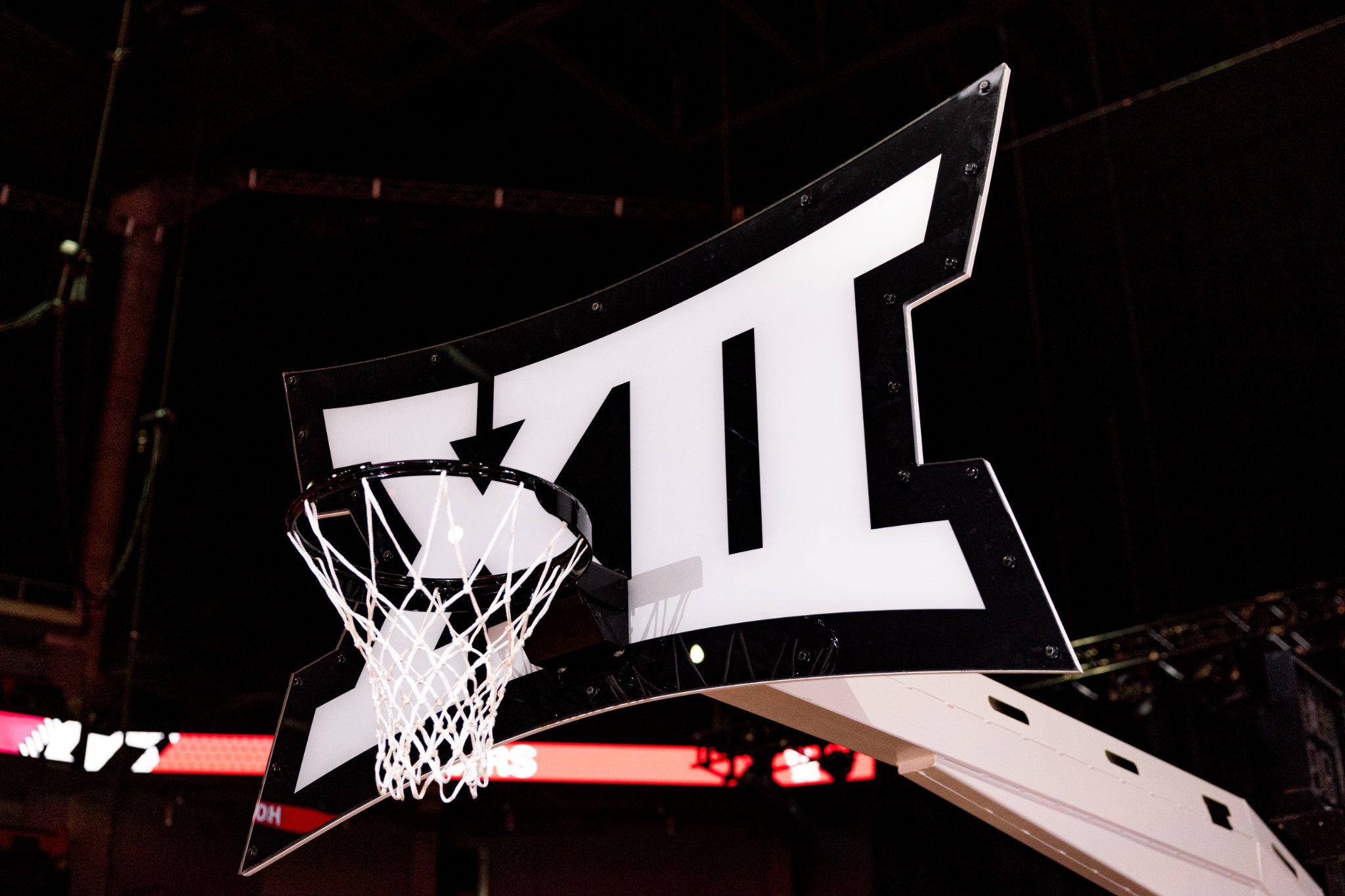Custom dunkable basketball hoop mounted on an oversized Big 12 logo