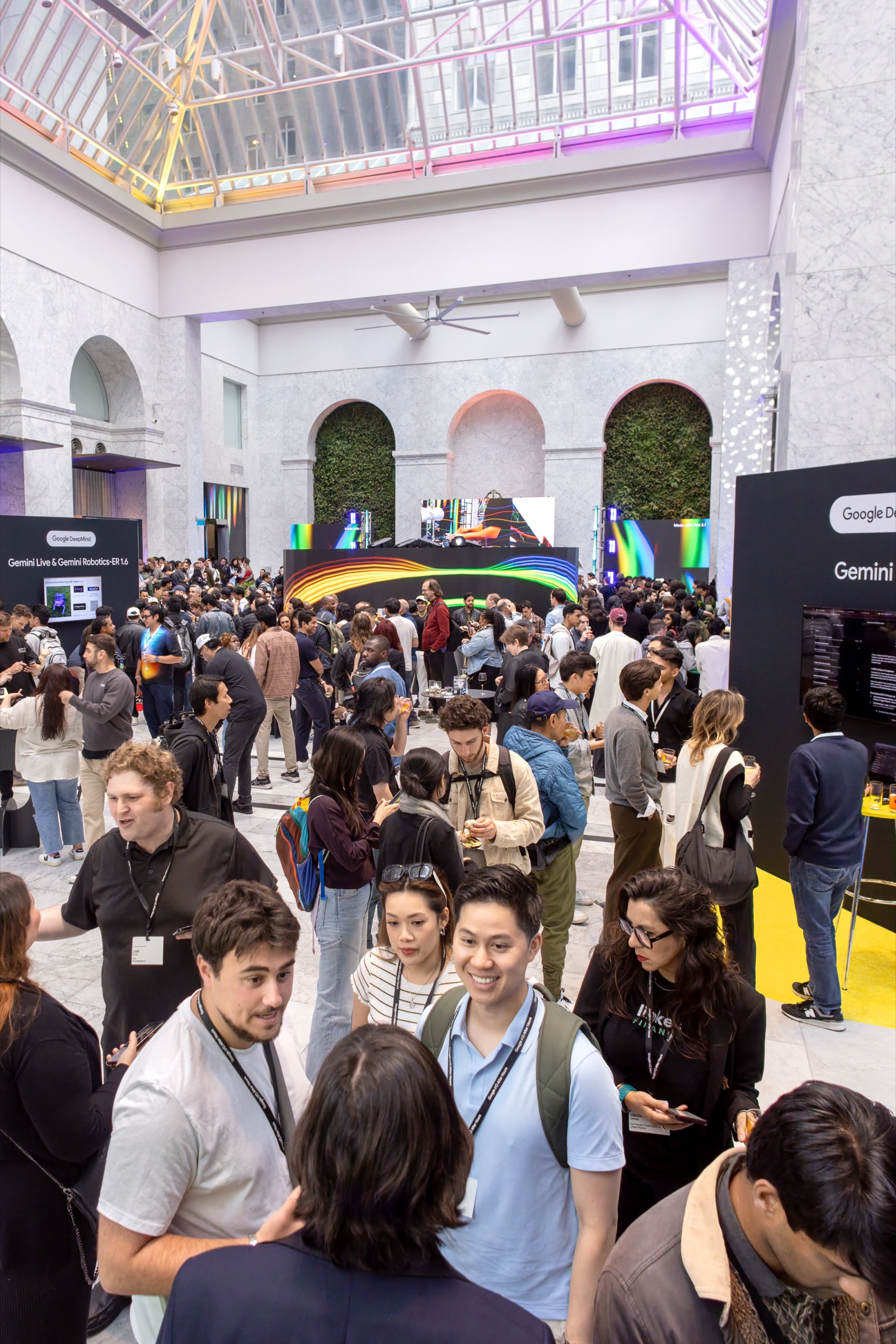 Founders and investors crowd the One Sansome atrium during Google I/O After Hours