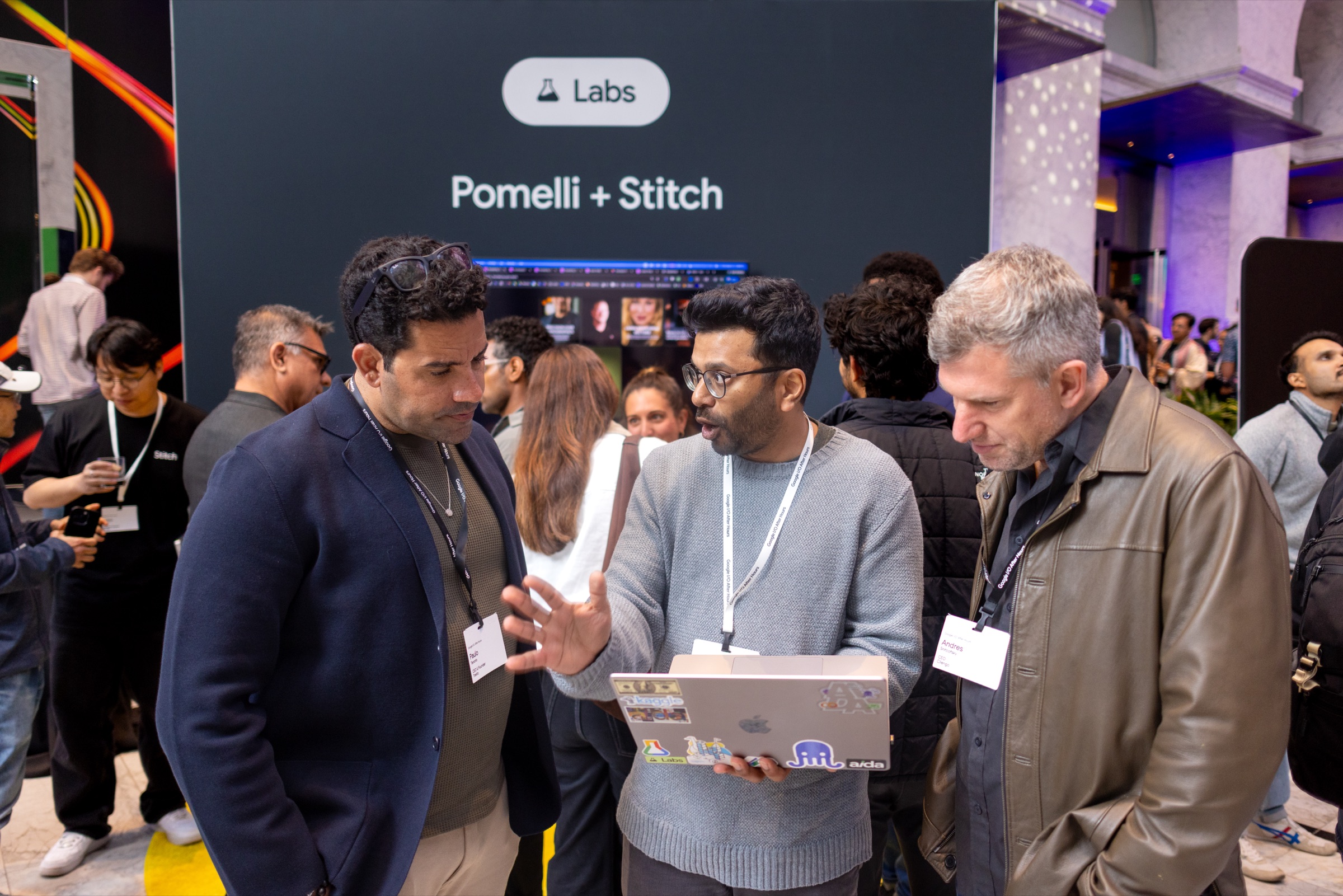 Attendees try a Google Labs Pomelli and Stitch demo at I/O After Hours