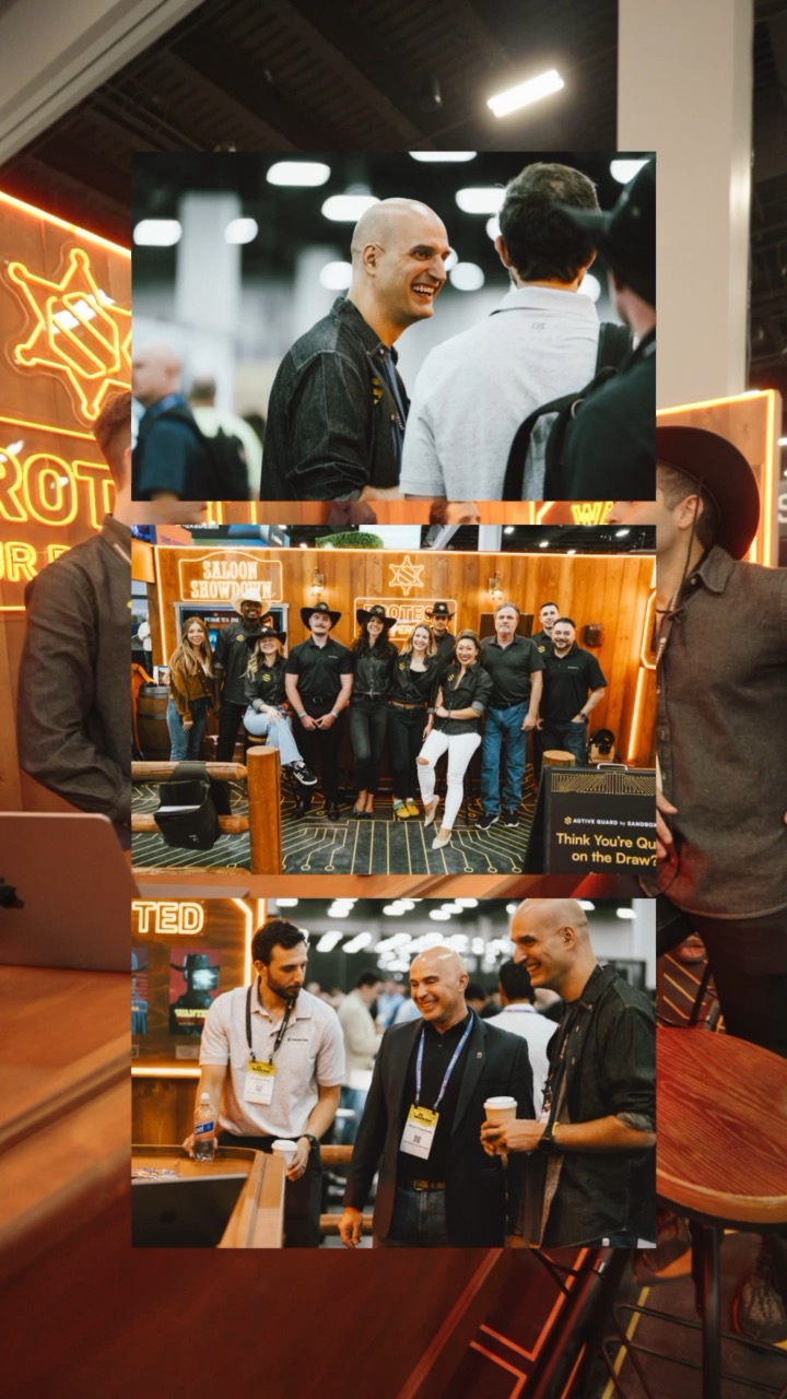 Collage of SandboxAQ staff and visitors at the western saloon booth at RSA Conference 2026