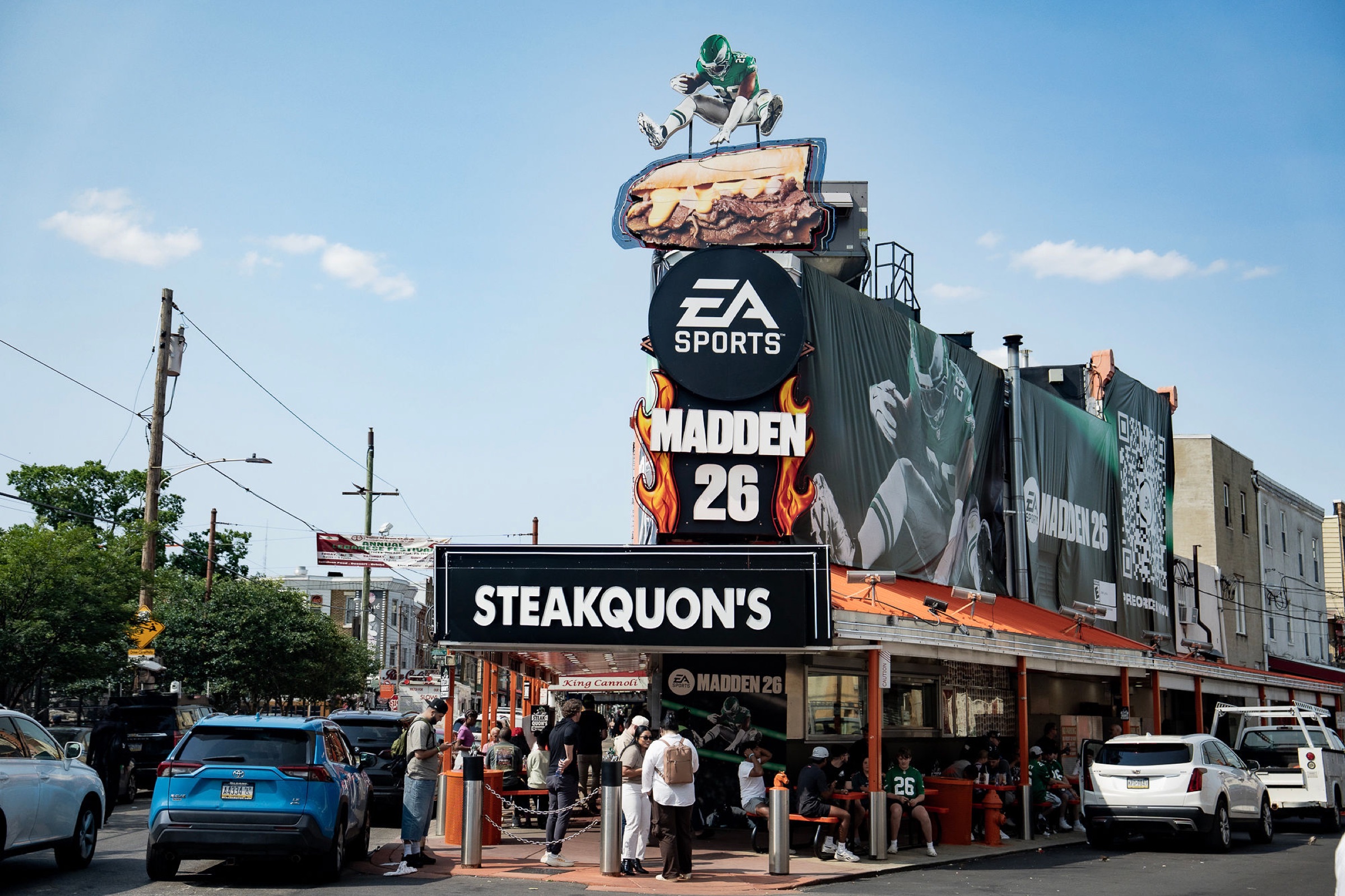 Geno's Steaks rebranded as Steakquon's with Madden NFL 26 signage in South Philadelphia