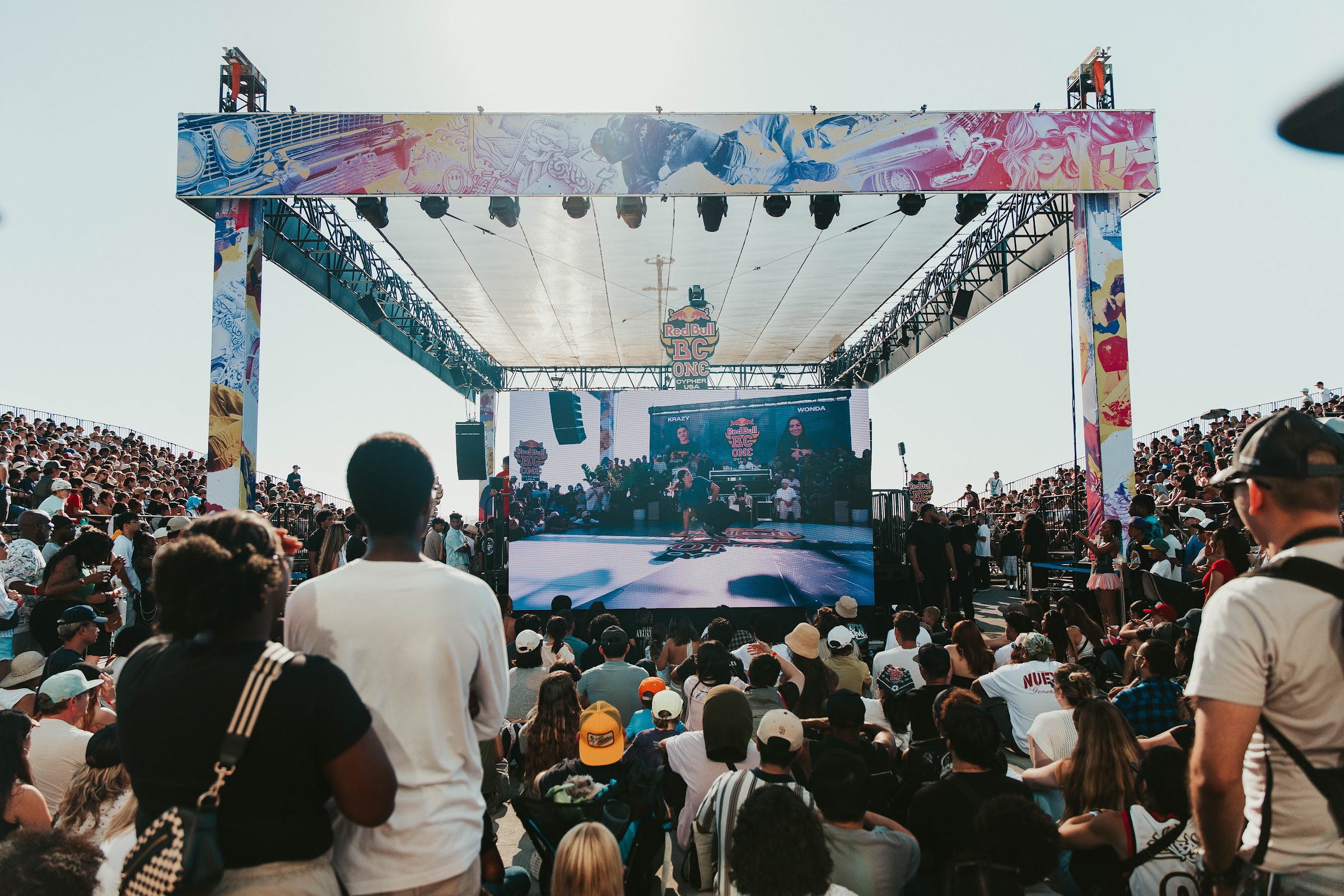 Waterfront hero stage with an LED screen and packed bleachers at the Red Bull BC One USA National Final