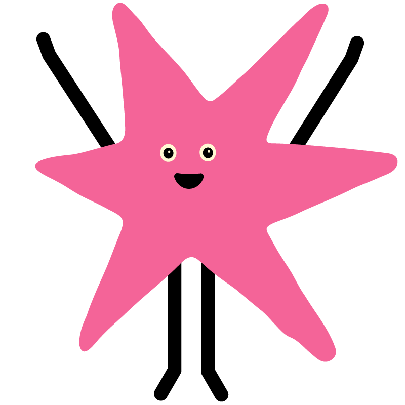 Pink cartoon starfish with a happy face, black eyes with yellow pupils, and black stick arms and legs raised in excitement.