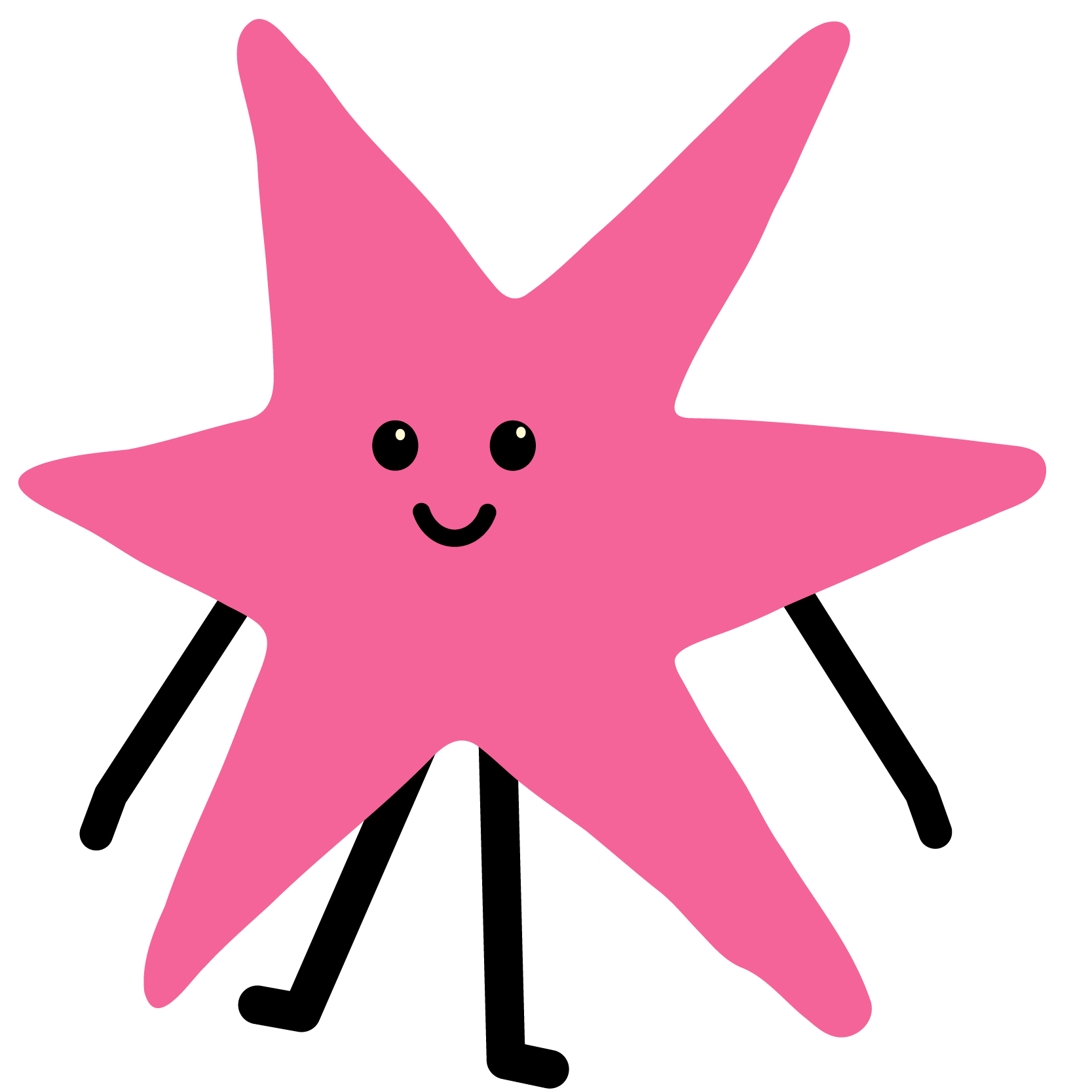 Pink cartoon starfish with black eyes, a smiling mouth, and black stick arms and legs.