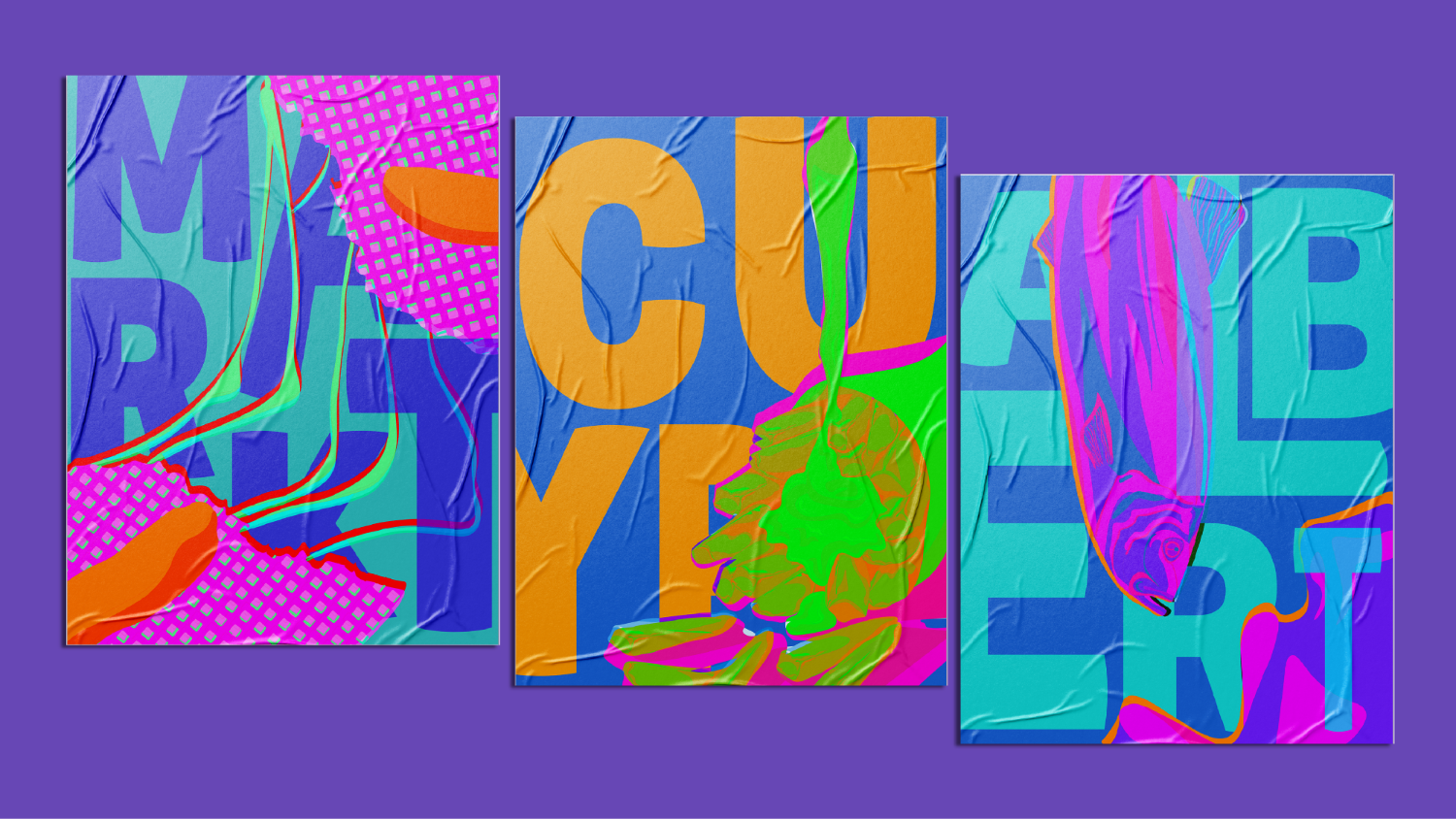 Three colorful abstract posters on a purple background. The left poster has blue letters and pink patterns; the center poster has large orange letters and green and pink abstract shapes resembling hands; the right poster has cyan letters with a purple and pink abstract fish design.