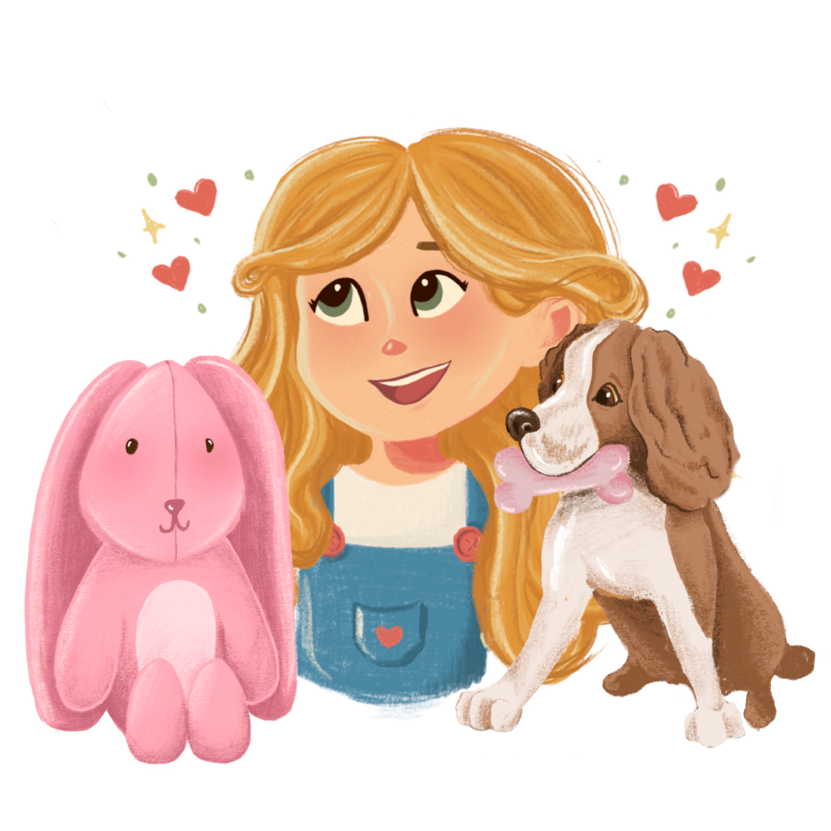 Illustration of a blonde girl with green eyes wearing blue overalls, smiling between a pink stuffed bunny and a brown and white dog holding a pink bone in its mouth, with red hearts floating around.