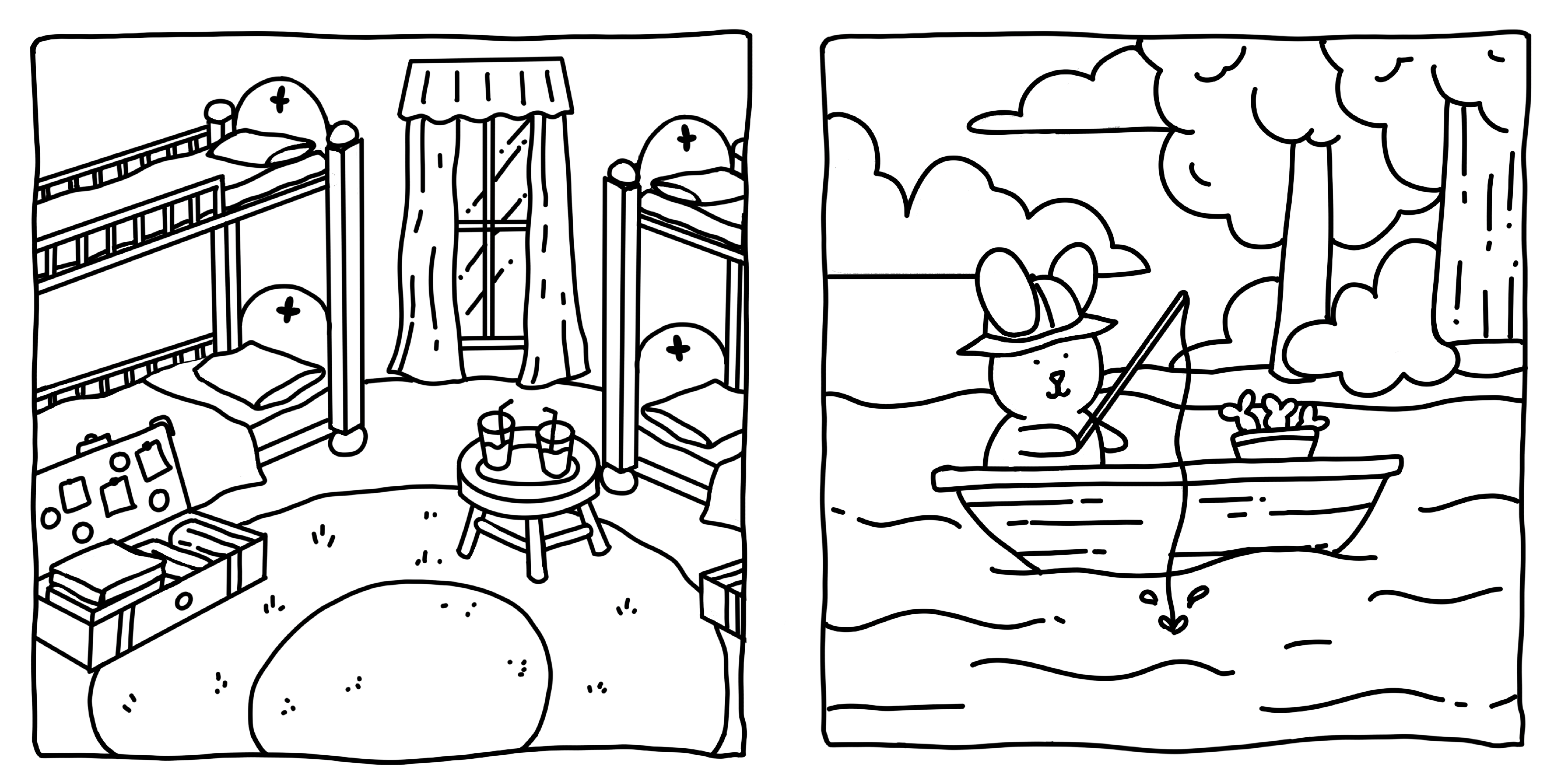 Black and white line drawing split in two panels: left panel shows a room with four bunk beds, a window with curtains, a round rug on the floor, a table with two drinks, and an open chest with books; right panel shows a rabbit wearing a hat fishing from a small boat on a body of water with trees and clouds in the background.